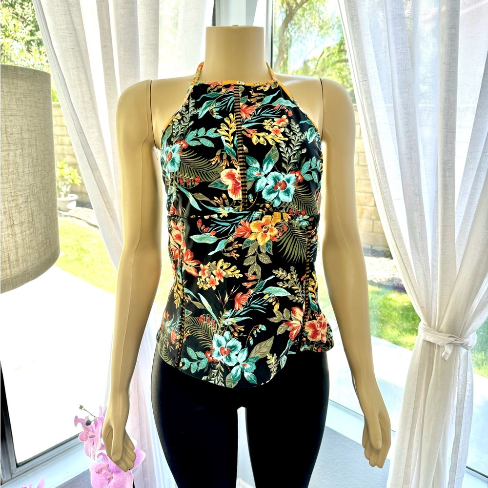 Time And Tru Black Floral Halter Neck Mix & Match Top Size L Large (12-14) NWT